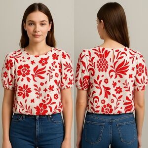 Coastal European Summer Red Floral Puff Sleeve Linen Crop Top Size S